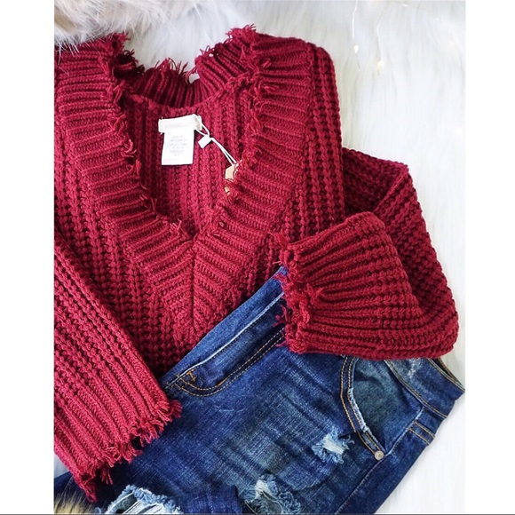 Burgundy Frayed V-Neck Knit Sweater Cozy - Picture 6 of 9